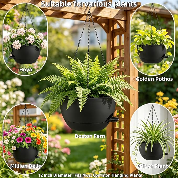2 Pack 12" Self Watering Hanging Planters, Black with Chains | Plastic hanging baskets with 43 Oz removable reservoir, for indoor outdoor plants, patio porch garden balcony decor