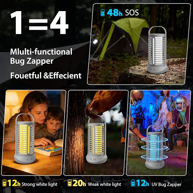 Bug Zapper Outdoor, Mosquito Zapper with LED Light, Rechargerable Mosquito Killer Lamp Fly Zapper Outdoor Indoor, Insect Zapper Electric Fly Traps, Mosquito Killer for Patio Yard Camping(Grey)