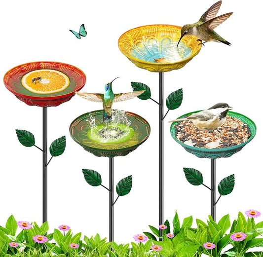 4PCS Flower Bird Baths for Outdoors, 5.9" Metal Hummingbird Bath with Adjustable Stake, Colorful Garden Birdbath Decor Set for Outside Yard Lawn Patio﻿(Datura)