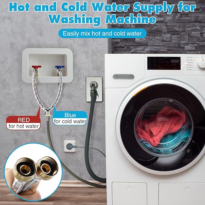 Dreyoo Hose Y Connector, 1 Ft Washing Machine Y Hose Split Stainless Steel, 3/4 Inch Brass Fittings, Hot and Cold Color Coded for Washing Machine Outdoor Faucets(2 Pcs)