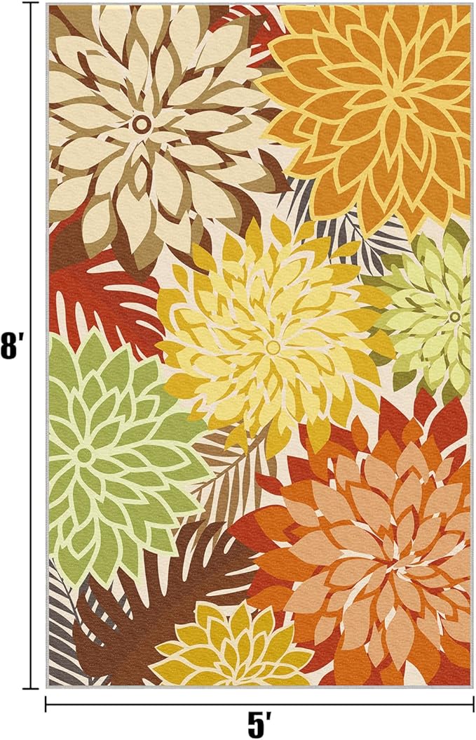 Colorful 5x8 Outdoor Area Rug Washable Multicolored Patio Rug Tropical Botanical Floral Chenille Waterproof Outdoor Carpet for Living Room, Deck, Backyard, Porch, Orange