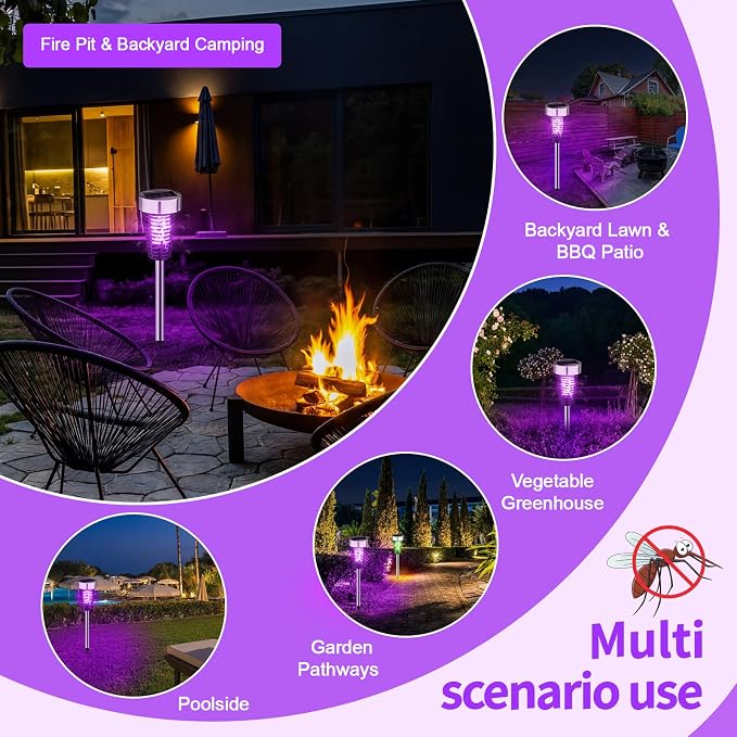 Qualirey 12 Pack Solar Bug Zapper Outdoor Waterproof Mosquito Repellent Killer Bug Zapper Lamp with LED Light for Outdoor Garden Patio Yard (Purple and Colorful Light,Silver)