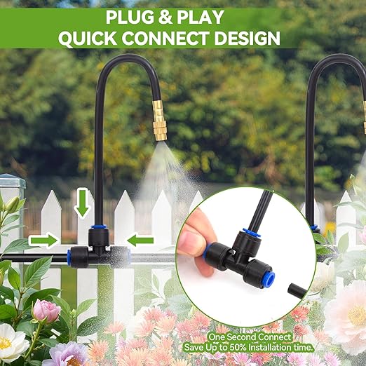 Drip Irrigation System Kit with 12 Pcs Adjustable Brass Nozzles & Bendable Spay Arm, 60ft Garden Watering Misting System for Outdoor Raised Bed, Potted Plant, Yard, Greenhouse