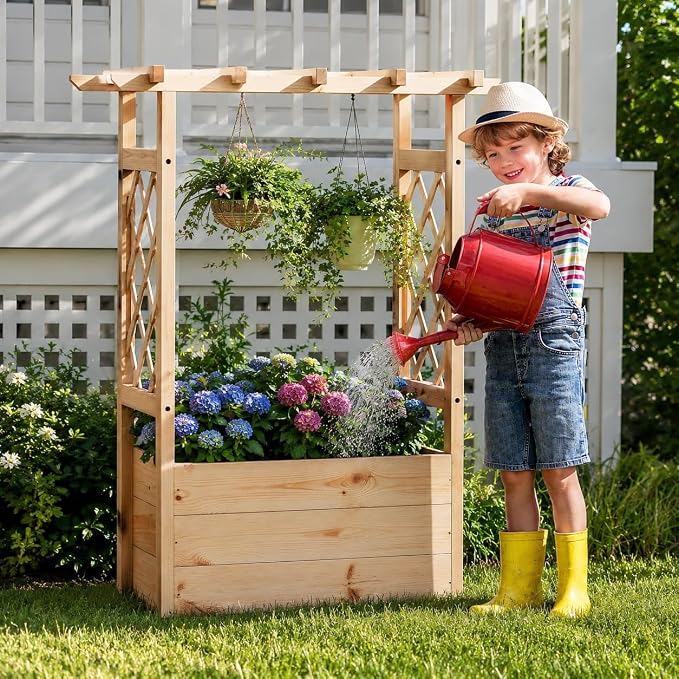 Giantex Raised Garden Bed with Sided Trellis & Hanging Roof, Wood Planter Box, Freestanding Garden Planter Raised Bed for Flowers Herbs Climbing Vines 31”x16”x41” (L x W x H)