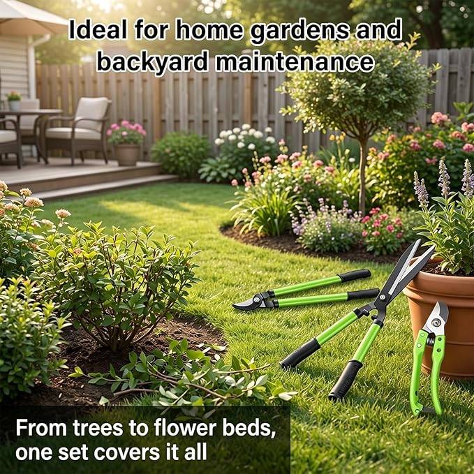 3 Piece Pruner Set with Long Shank Clippers, Hedge Clippers and Manual Pruning Shears for Patio Lawn Garden
