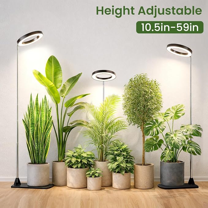 LBW Grow Lights for Indoor Plants, 6.3" Full Spectrum Plant Light with Base, 59" Height Adjustable Grow Lamp, 6/8/12/16H Auto Timer, 3 Light Color, 5 Dimmable Level, for Tall Large Plant, Black,1 pack