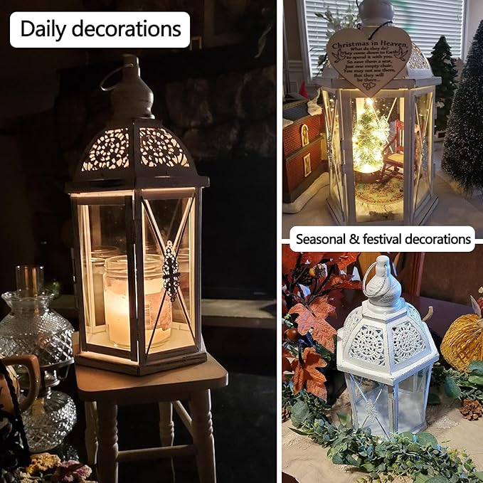 Lantern Decorative Indoor & Outdoor, 14.5'' Candle Lantern Farmhouse Home Decor, Hexagon Vintage Hanging Metal Candle Holder for Front Porch Shelf Patio Wedding Party, Christmas Decorations