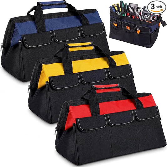 Sanwuta 3 Pack Tool Bag for Men with Waterproof Hard Bottom, Heavy Duty Tool Bag Wide Mouth Tote for Various Instrument, Electrician Carpenter Mechanic(Blue, Red, Yellow,18 Inch,Side Pockets)