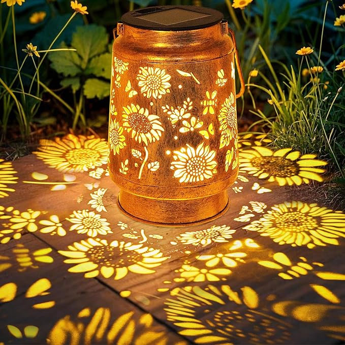 Sunflower Solar Lanterns Outdoor Waterproof, Birthday Gifts for Women Mom Grandma, Metal Hanging Lantern Solar Lights LED Decoration with Shepherd Hook Outside for Yard, Patio, Porch, Garden Decor