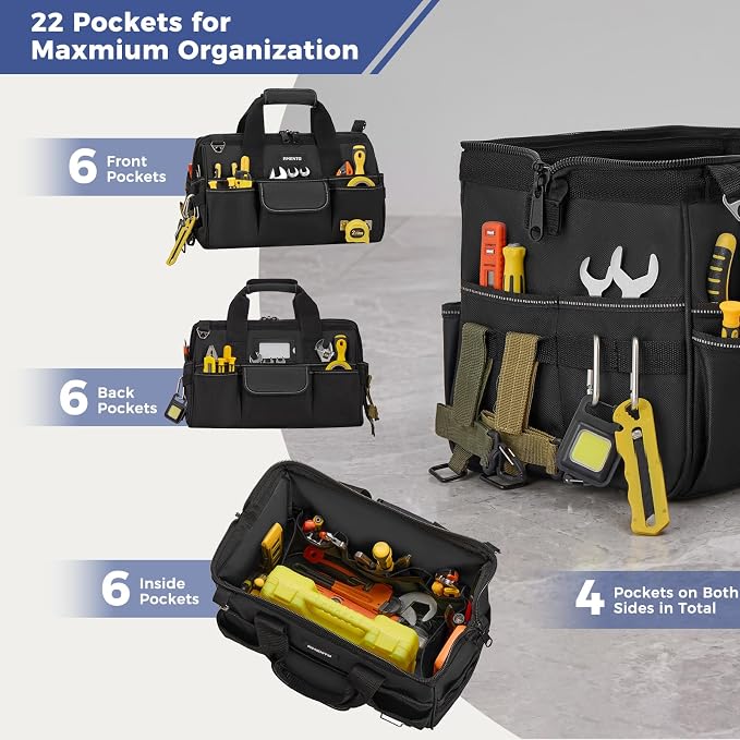 16-Inch Heavy Duty Tool Bag, 22 Pockets Empty Tool Box Organizer Storage, Soft Tote Toolbox Organization Portable Handle Carrying Work Toolbag, Father Day Gifts Men Electrician Mechanic, Black