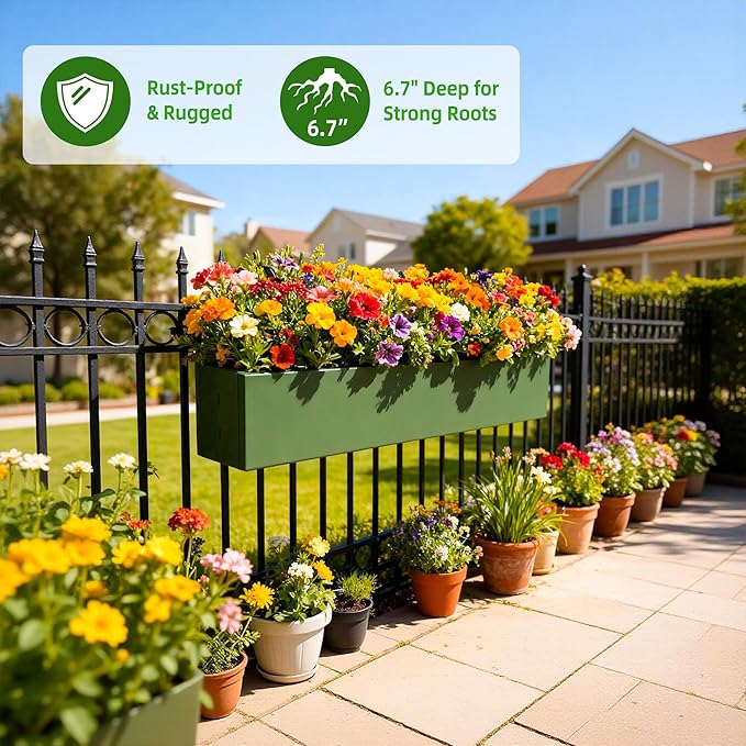 Metal Railing Planter Box, 30 Inch Balcony Planters with Adjustable Brackets, Large Hanging Planters for Outdoor Fence Deck