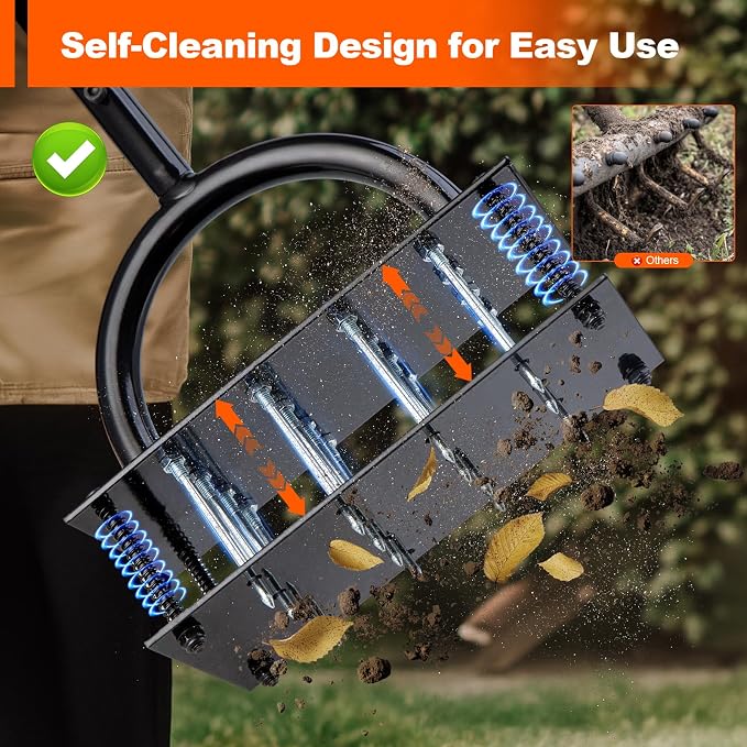 Bluesea Lawn Aerator Tool - 16 Iron Spikes with Ergonomic T-Handle, Automatic Dirt Clean for Soil Loosening & Yard Aeration, Manual Metal Grass Aerator (Black)