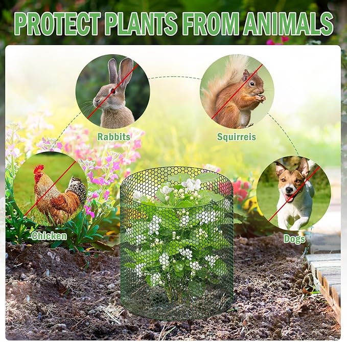 33Ft x 24In Plant Protectors from Animals, Plant Cages for Outdoor Plants, Free-Cut Wire Plant Protector, Plant Cover Chicken Wire Fencing with Ground Stakes & Ties to Keeping Bunny Animals Out