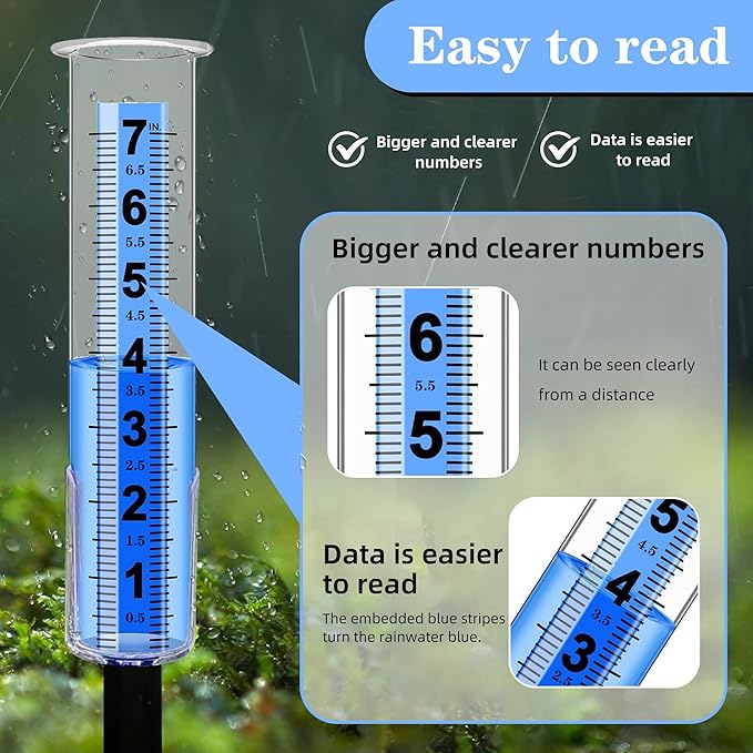 Rain Gauge, 3-Segment Outdoor Freeze-Proof Rain Gauge, Large Capacity (7) Upgraded Digital Rain Gauge Best Rated for Garden, Deck, Lawn, Patio, Farm Large Display Blue Scale