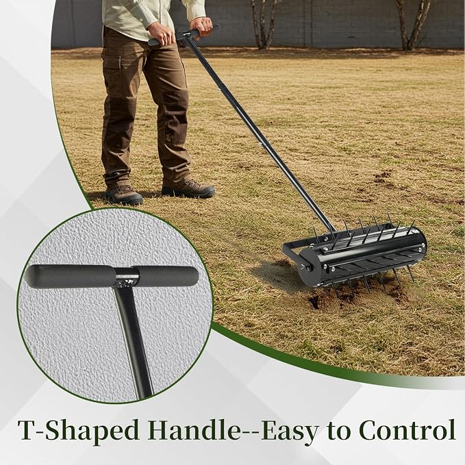 18in Rolling Lawn Aerator, Heavy Duty Manual Aerator Lawn Tool, Lawn Spike Aerator Roller with Adjustable Handle, Soil Penetrator Push Lawn Aeration for Garden Yard Patio (Black)