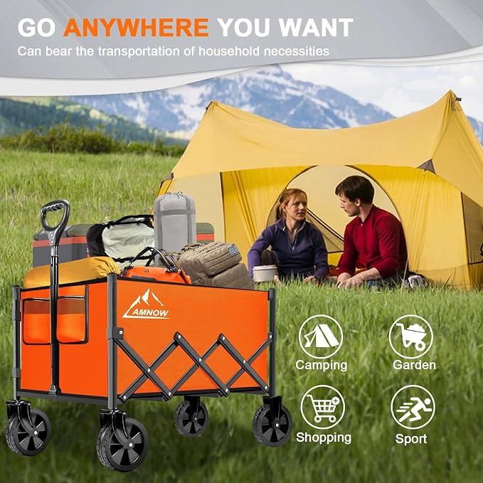 Collapsible Folding Wagon Cart, 350LBS Utility Large Capacity Cart Foldable Wagon with All Terrain Wheels, Grocery Wagons Carts for Garden Shopping Sports Camping, Bright Orange