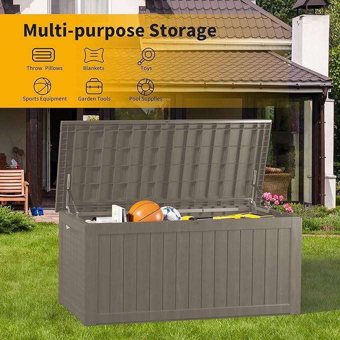 TARKARI 270 Gallon Outdoor Storage Box Waterproof, Resin Deck Boxes with Lockable Lid & UV-Resistant for Patio, Pool, Garden Furniture Cushions & Accessories, Coffee