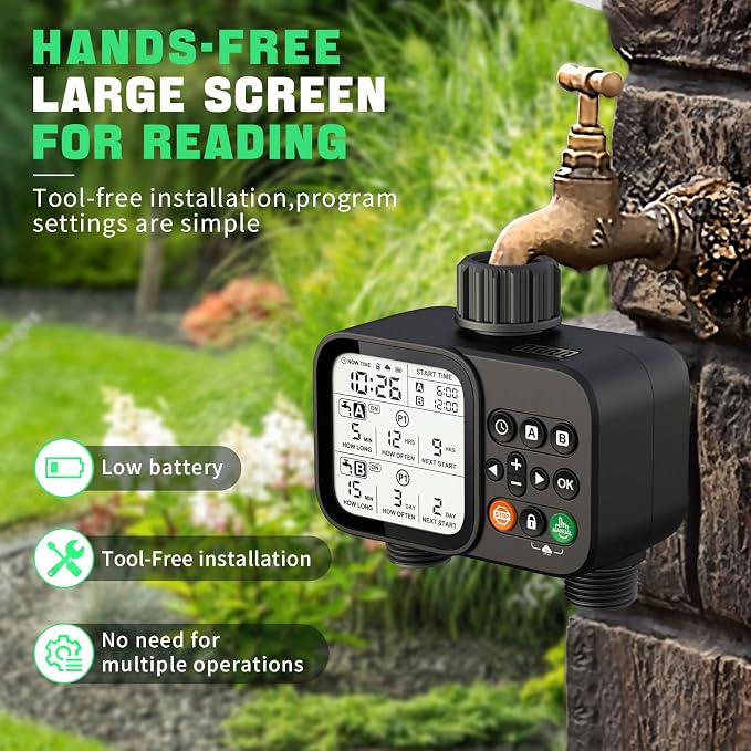 Sprinkler Timer for Garden Hose with Auto Rain Delay, 2 Zone Water Timer with 3.3“ Large LCD, IP54 Waterproof Drip Irrigation System Watering Timers for Plant, Yard, Lawns, Outdoor