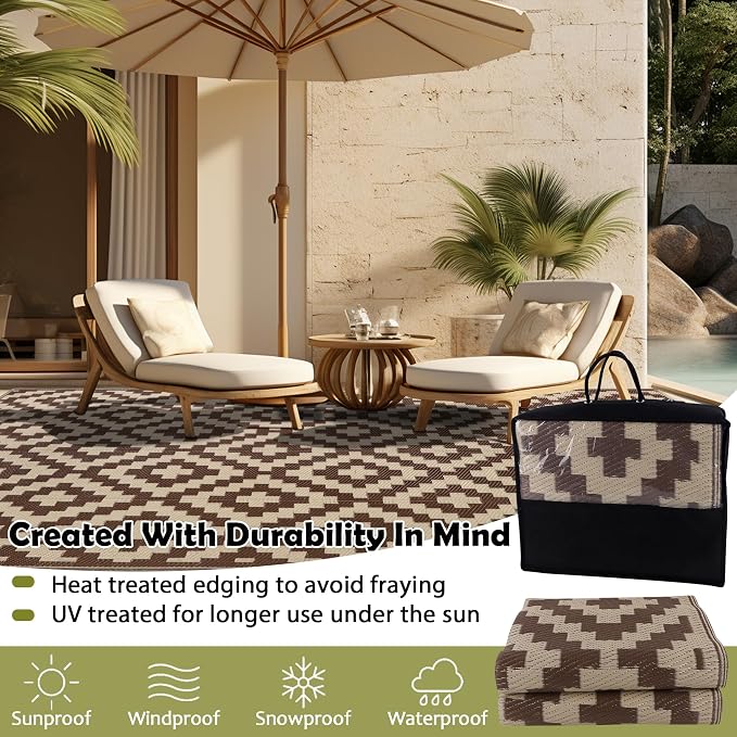SAND MINE Reversible Mats, Plastic Straw Rug, Modern Area Rug, Large Floor Mat and Rug for Outdoors, RV, Patio, Backyard, Deck, Picnic, Beach, Trailer, Camping (5' x 8', Brown & Beige)