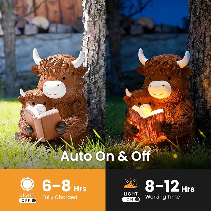 GIGALUMI Solar Highland Cow Decor 8" Garden Statue, Outdoor Decor, Decoration with Light for Patio Yard Lawn Balcony, Christmas/Birthday Gifts for Mom Women