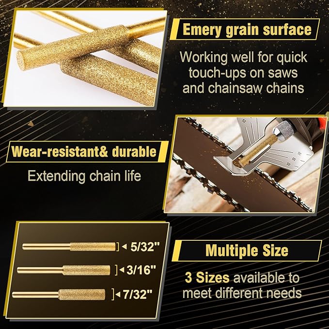 24pcs High Hardness Titanium Plated Chainsaw Sharpener Bits for Chain, Including 5/32''x 8pcs, 3/16''x 8pcs, 7/32''x 8pcs