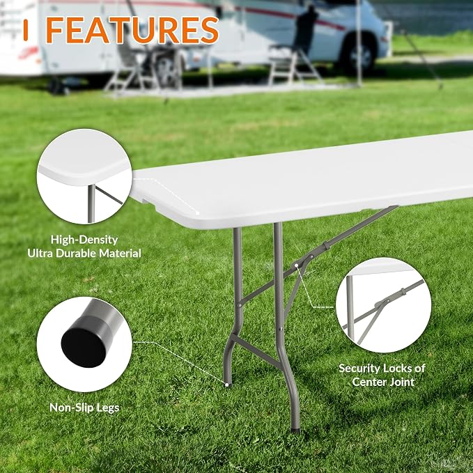 Elevon 8 Feet Heavy Duty Folding Table with Adjustable Height, Fold-in-Half Portable Table for Indoor Outdoor Use - Camping, Picnic, Party, Wedding, Dining, Utility Table