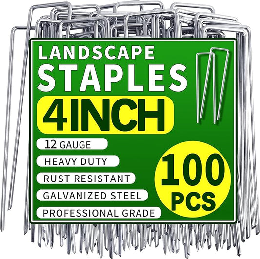 100 Pack Landscape Staples 4 Inch Garden Stakes Galvanized Garden Staples Pins Anti-Rust Ground Stakes for Weed Barrier, Irrigation Tubing, Landscaping Fabric, Yard Lawn