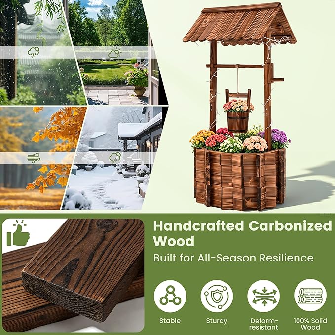 2026 Upgraded 54" H Wishing Well Planter with 11-Mode LED Lights and 3 Timer Settings, Outdoor Garden Decor with Adjustable Hanging Bucket and Drainage Base for Yard, Patio, Backyard