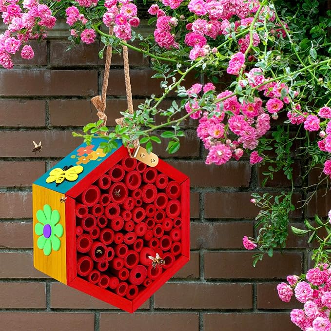 Leinuosen Mason Bee House Crafts for The Garden Handmade Natural Wooden Bees Hive with Dly Painting Kits Bees Hotel Bamboo Tubes for Bee Festival Pollinators Enhance Your Garden's Product