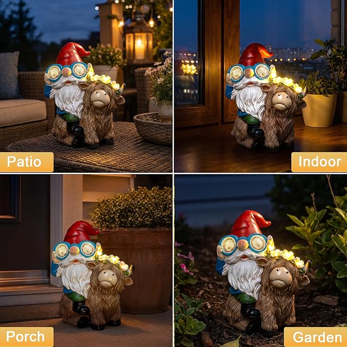C&Y&G&X Solar Garden Gnome Statue with Highland Cow, Outdoor Solar Garden Decor with LED Lights, Waterproof Resin Yard Art Lawn Ornament for Patio Yard Porch, Gifts for Women Garden Lovers