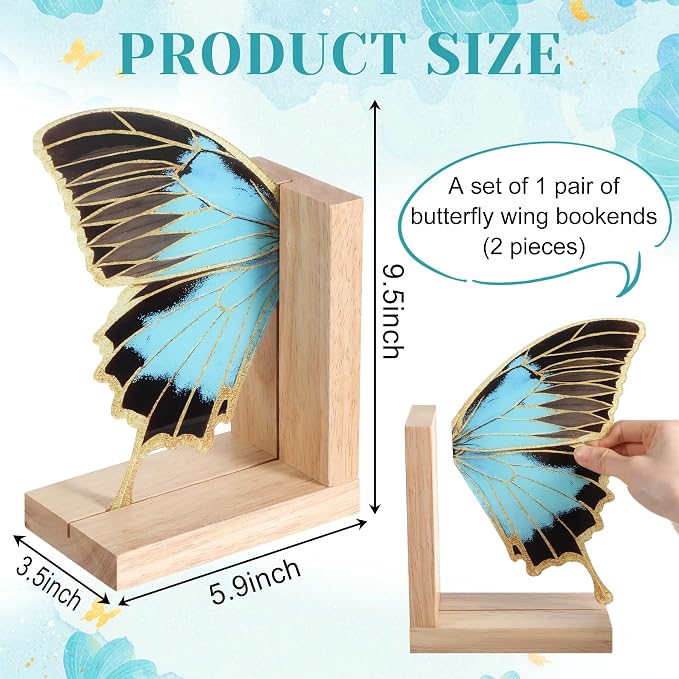 Decorative Butterfly Bookends Wooden Acrylic Butterflys Bookend Modern Bookshelf Decor Accent Book Stopper Decor for Home Farmhouse Shelves Office Lover Gift(Blue Butterfly)