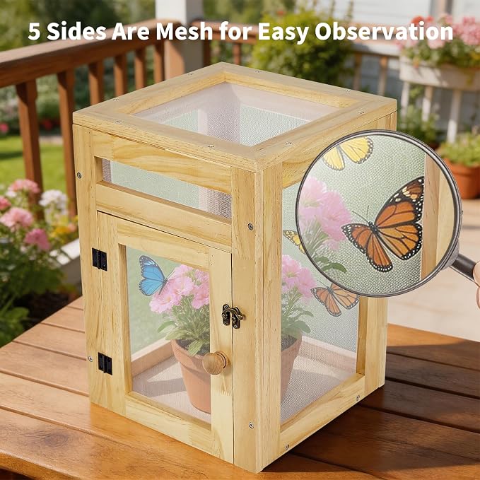 Wooden Butterfly Habitat Cage Kit, 15.75 Inch Monarch Caterpillar Habitat, Mesh Butterfly Enclosure for Raising Butterflies, Insect Observation House for Kids, Classroom, Garden