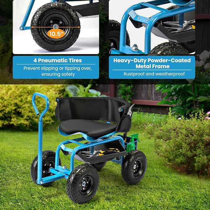 Byroce Rolling Garden Cart with Seat, Heavy Duty Wheelbarrow Utility Cart with Metal Frame, Swivel Seat, Tool Tray, Storage Basket & Adjustable Handle, Outdoor Garden Wagon Scooter for Yard (Blue)