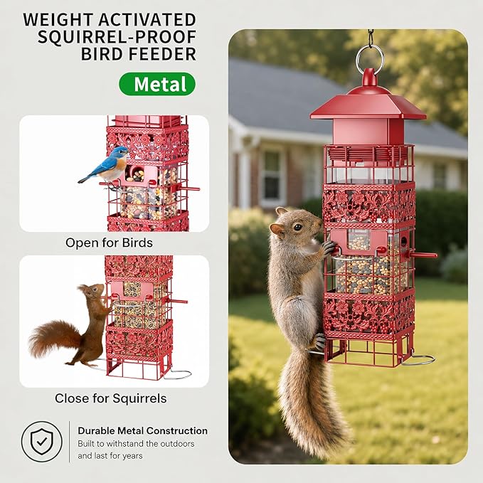 Squirrel Proof Bird Feeder, Weight-Activated Metal Bird Feeders for Outdoors Hanging, 4 Feeding Ports for Finches, Cardinals & Chickadees, 2.8LB Large Capacity Wild Bird Feeder, Red
