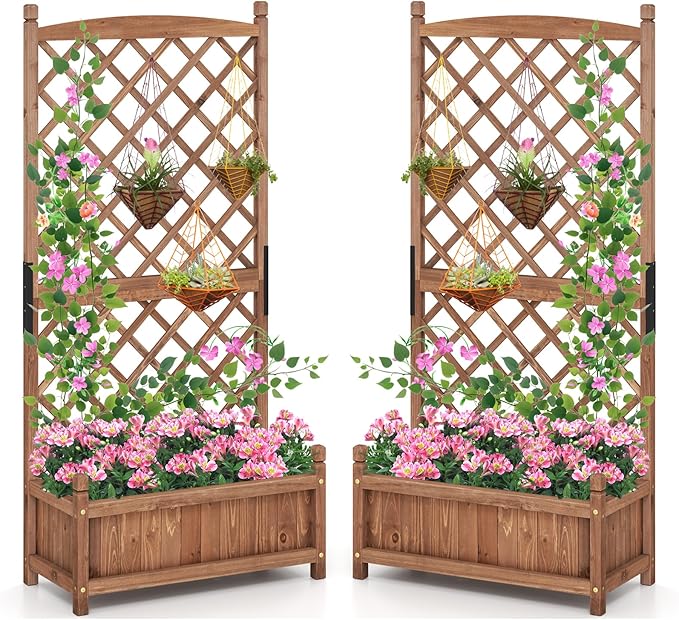 Giantex Raised Garden Bed with Trellis Set of 2, 60” Wooden Planter Container w/Drainage Holes, High Trellis for Plant Flower Climbing Pot Hanging, Indoor Outdoor Planter Box for Yard Garden Balcony