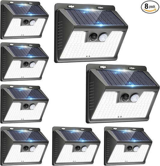 Peasur Solar Powered Lights Outdoor, 140 LED 8Pack Motion Sensor Light Outside, IP65 Waterproof Fence Security Lighting with 3 Modes for Yard Wall Garden Cool White