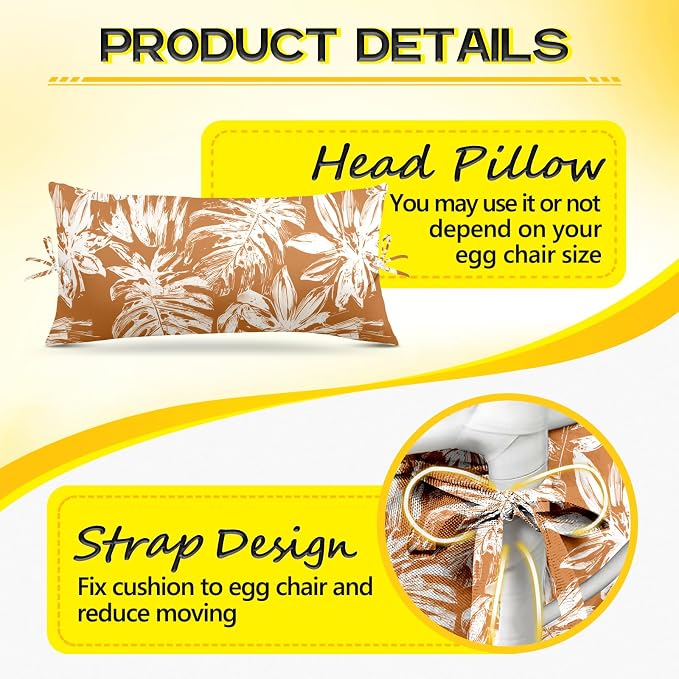 MAGIC ELEPHANT Egg Chair Cushion, Memory Foam Hanging Egg Chair Cushion Replacement, Indoor Outdoor Hammock Basket Swing Cushion with Headrest (Rust Orange Monstera)
