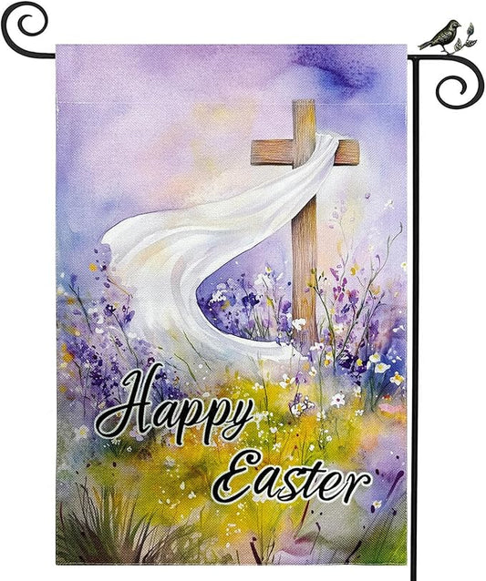 Easter Garden Flag 12x18 Inch Double Sided, Christian Cross Religious Happy Easter Decor, Burlap Small Spring Yard Banner for Outside Seasonal Holiday Decoration