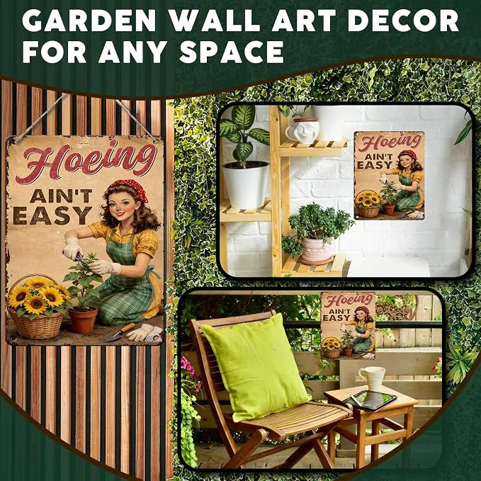 PEACHGARDEN Hoeing Ain't Easy Sign Garden Metal Sign Gardening Gifts for Women Funny Garden Wall Decor for Outdoor Patio Yard Greenhouse 12x16 inch