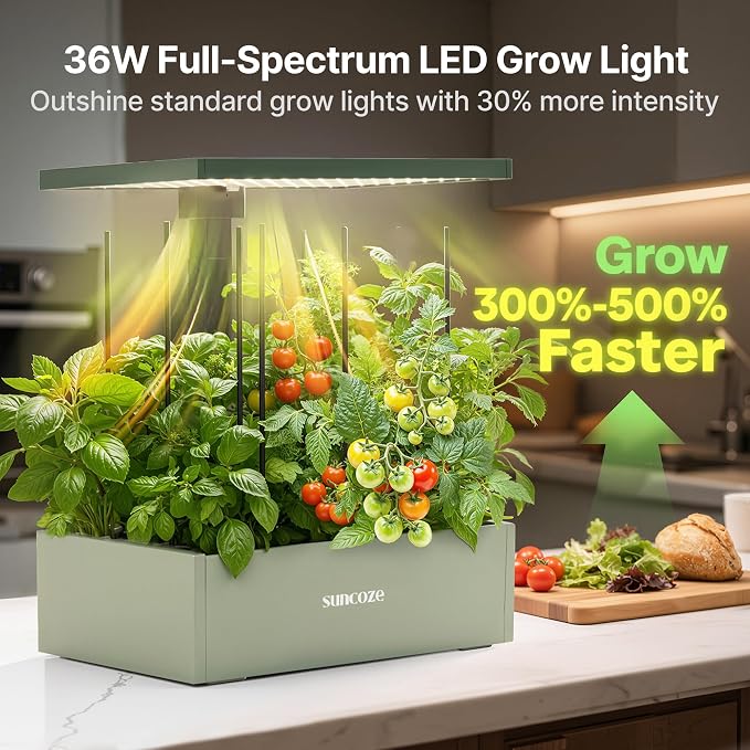 SUNCOZE Hydroponics Growing System Kit, 20 Pods Indoor Herb Garden with 10L Large Tank & Adjustable Height 25", 30W LED Grow Light, LCD Display with Veg/Flower Modes, Pump & Low Water Reminder, Green