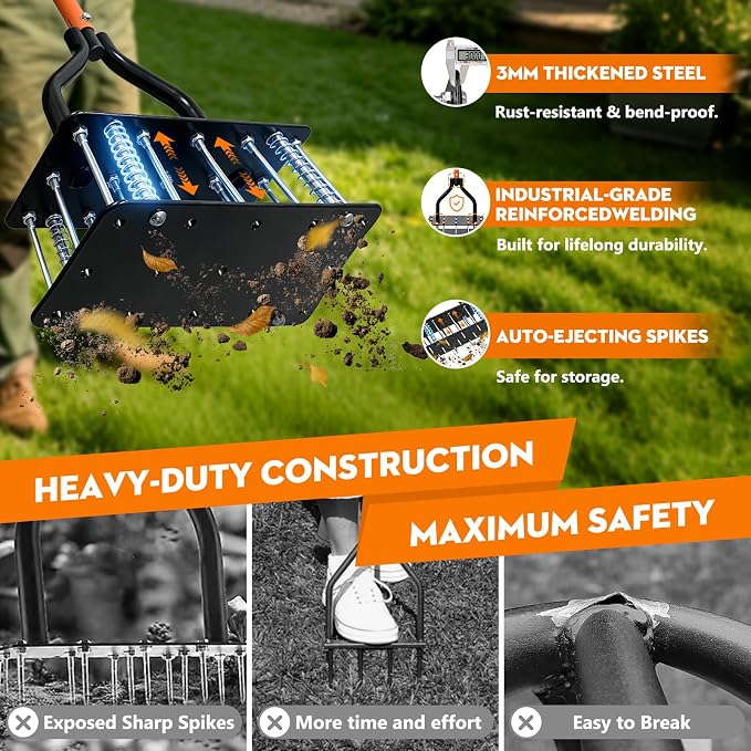 Lawn Aerator Tool with 15 Sharp Spikes, Manual Grass Aerator for Yard with Automatic Soil Ejection & Dual-Layer Spring, Heavy Duty Metal Garden Aerator for Soil Loosening, Pre-Assembled