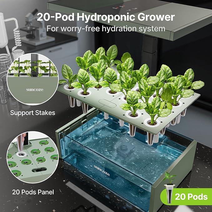 SUNCOZE Hydroponics Growing System Kit, 20 Pods Indoor Herb Garden with 10L Large Tank & Adjustable Height 25", 30W LED Grow Light, LCD Display with Veg/Flower Modes, Pump & Low Water Reminder, Green