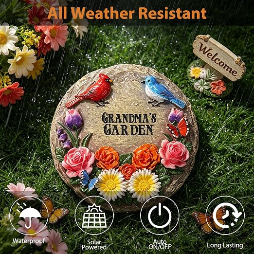 Grandma's Garden Stepping Stones for Mother's Day with Cardinal Robin Birds Flowers Butterflies, Round Resin Stepping Stones for Garden Yard Walkway Patio Grandma Gifts Birthday Retirement