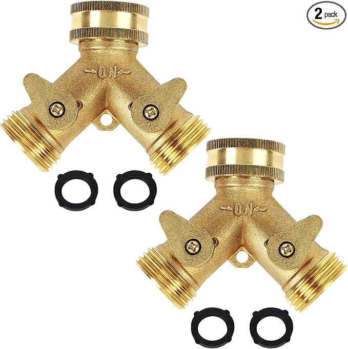 Lifynste 2 Way Brass Hose Splitter, 3/4" Brass Hose Connectors, Y Garden Hose Connector Adapter, 2 Pack