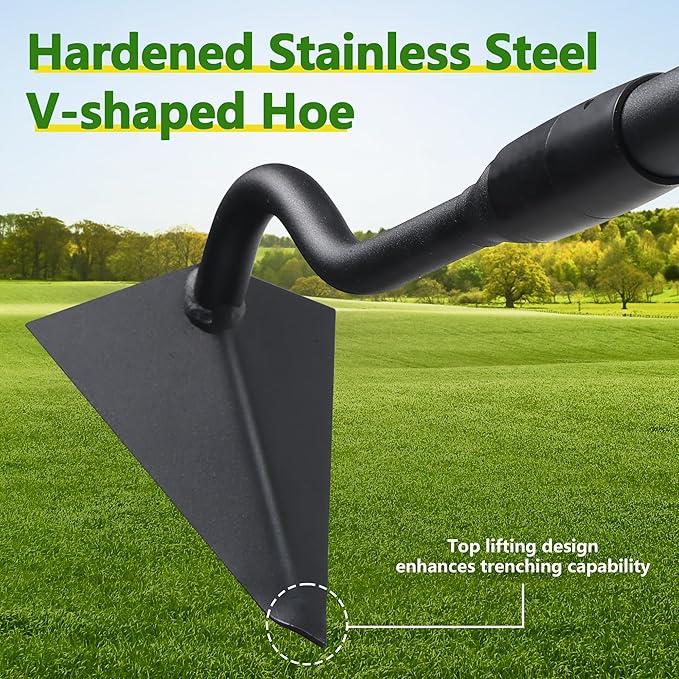 LLARGUEST Hoe Garden Tool, Triangle Garden Hoe for Digging Cutting Trenches Loosen Soil Heavy Duty Hand Weed Hoe Long Handle 59 Inch