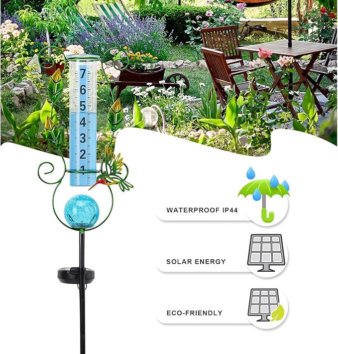MUMTOP Rain Gauge Outdoor, 36 Inch Large Number Solar Lights Hummingbird Water Gauge for Lawn, Yard and Garden