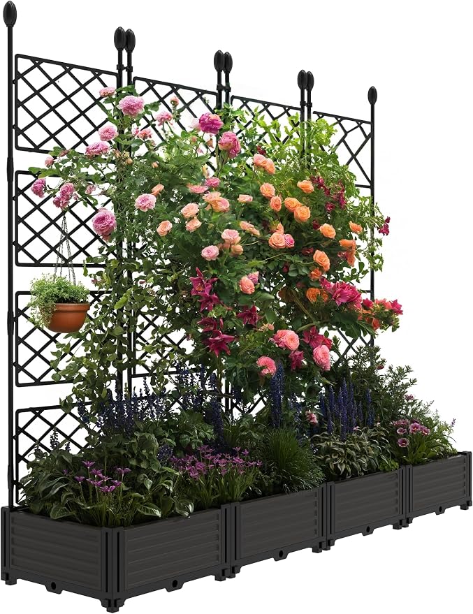 4 PCS Raised Garden Bed with Trellis & Privacy Screen, 66" Wide x 63" Tall Vertical Garden Planter Box for Climbing Plants, Large Outdoor Privacy Screen for Patio, Balcony, Yard, Garden Black