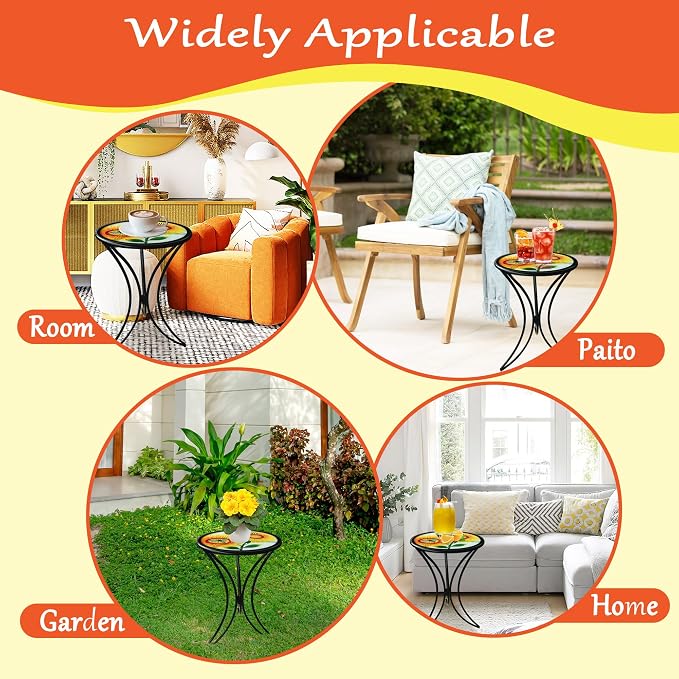 J-Fly 12 Inch Outdoor Side Table, Round Patio Accent Indoor End Table with Glass Top & Metal Base for Living Room, Office, Balcony, Bee Sunflower Indoor Furniture Valentine Decor(20" Height)