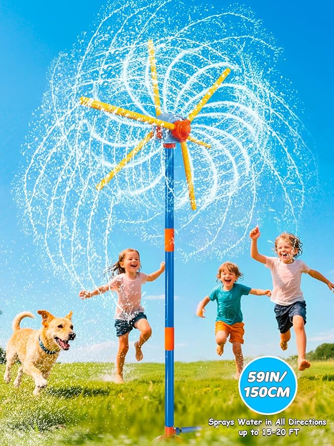 TERRAMUS 59" Windmill Water Sprinkler for Kids Summer Toys, 360° Spinning Splash Water Toy, Upgraded Double Sided with 6 Blades, Outdoor Backyard Games Summer Fun for Boys Girls Dogs & Garden Watering
