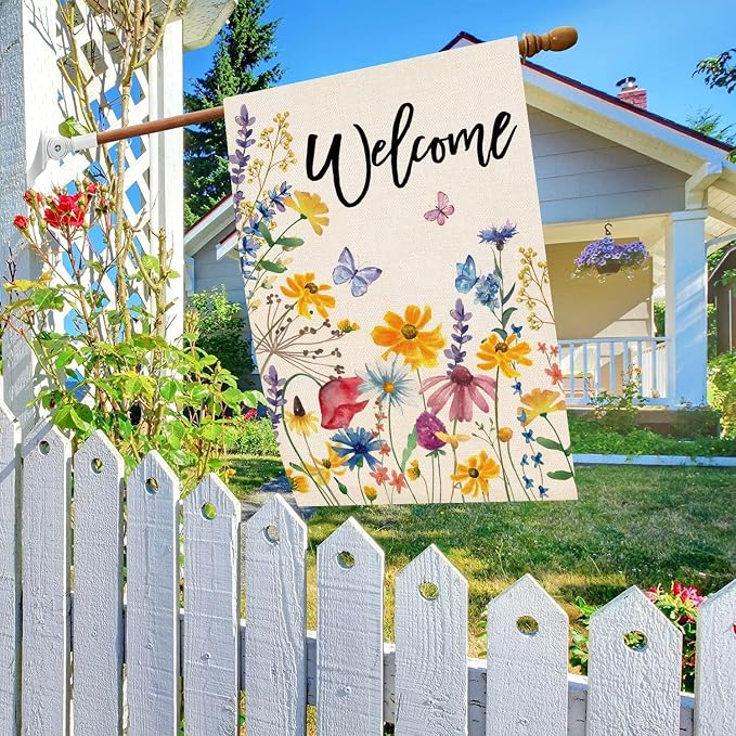 Baccessor Spring Summer House Flag Welcome Floral Leaves Double Sided Large Yard Flag Heavy Duty Seasonal Butterfly Outdoor Outside Patio Decoration 28x40 Inch